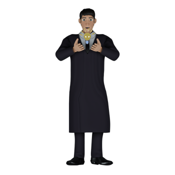 3D Male Judge at Bench. A male judge stands with both hands in front of his body with a light bulb symbol. Legal Cartoon png