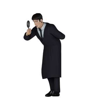 Cartoon Style Courtroom Judge. A male judge stands with his body bent over and his right hand is holding a magnifying glass while his left hand is behind his body. 3D Male png