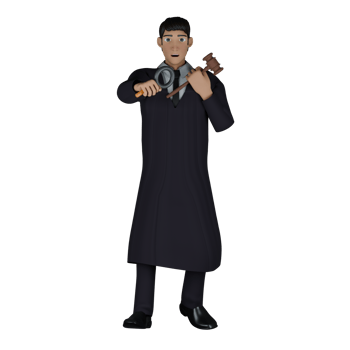 Male Judge in Court Setting. A male judge stands with his right hand holding a magnifying glass while his left hand holds a gavel. 3D Character png