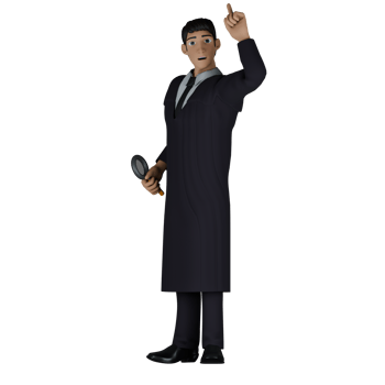 Illustrated Legal Professional. A male judge stands with his right hand holding a magnifying glass while his left hand points up. 3D Male Judge png