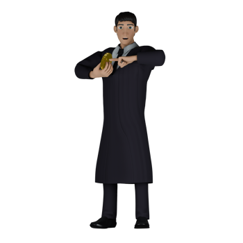 3D Male Judge in Courtroom. A male judge is holding a gold coin with one hand and the other hand points to the coin. Legal ilustrative png