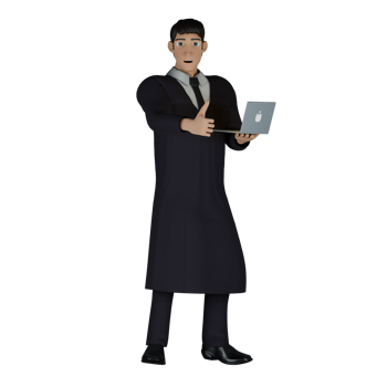 3D Male Judge. A male judge stands with his left hand holding a laptop while his right hand gives a thumbs up, as if signaling to start working. Professional png