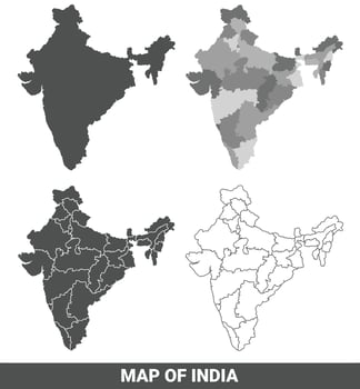 Collection of India country grey political maps set with border outline illustration vector
