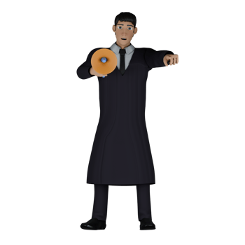 Professional Judge in 3D. A male judge looks like he is speaking with the help of a loudspeaker while his left hand is pointing forward. Male png