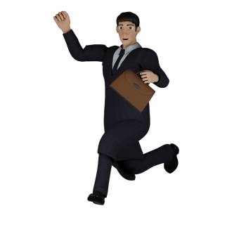 3D Illustrative Male Judge. A male judge looks like he is jumping with his right hand raised and his left hand carrying his briefcase. Legal Professional png