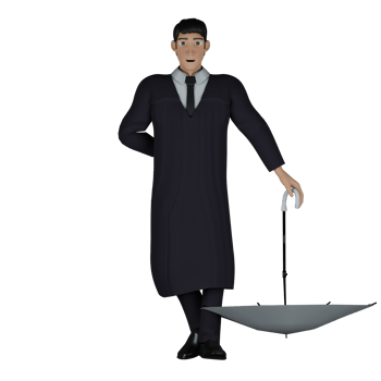 Professional Judicial Male. A male judge is seen standing with his left hand pointing the open umbrella downward and his right hand hidden behind his body. 3D Judge png