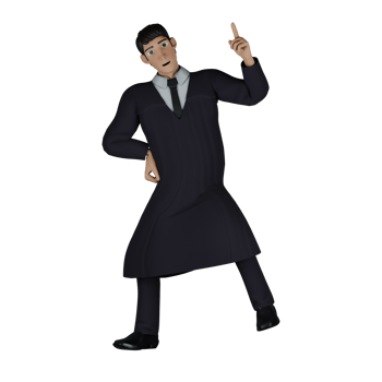 Judicial. A male judge who appears to be making a gesture. His right hand is pointing upwards, while his left hand is on his waist. 3D Male Judge png