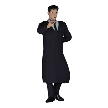 3D Male Judge in Professional Role. A male judge is seen standing with his left leg slightly bent and hiding his left hand behind his body while his right hand holds a tie knot. Judicial Cartoon png
