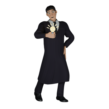 Judicial Judge Professional in 3D. A male judge is standing, his right hand is holding a brightly lit light bulb in front of his chest and his left hand is on his waist. Male png