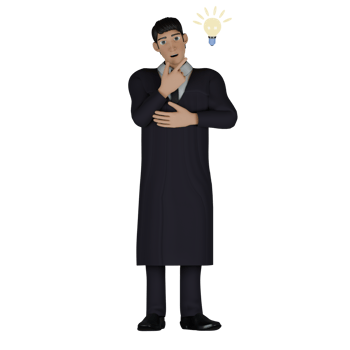 A male judge stands with his left hand in front of his chest, while his right hand holds his chin, and on the left side of his head there is a light bulb that is lit, as if he has an idea in his mind. png