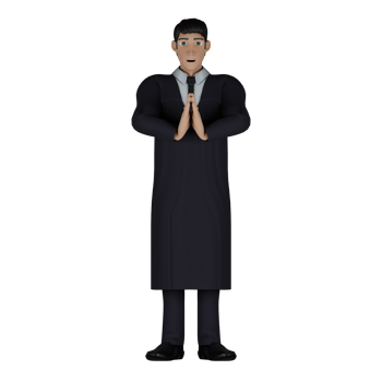 3D Male Judge Character in Action. A male judge who is seen putting his hands together in front of his chest in a position like praying or giving a greeting. Professional png