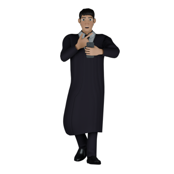 Professional Male Judge in 3D Animation. A male judge is holding a cellphone in his left hand, while his right hand is placed on his chest, as if he is surprised or confused. Judicial png