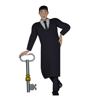 Male Professional Judge - 3D Character. A male judge who appears relaxed as if leaning back and his right hand is resting on a large key, and his left hand is bent at his waist. Judicial png