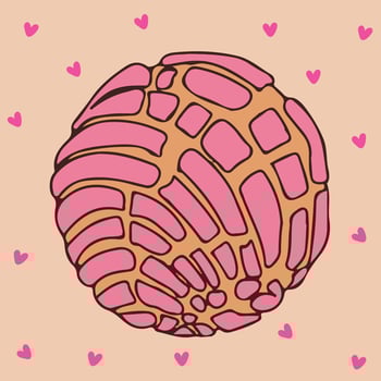 Concha traditional Mexican sweet bread Cute illustration of a strawberry concha with hearts vector
