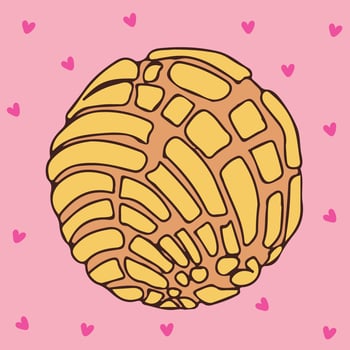 Concha traditional Mexican sweet bread Cute illustration of a vanilla concha with hearts vector