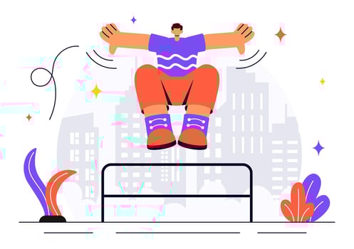 Parkour Design featuring Extreme Sports Athletes Overcoming Urban Obstacles in a Flat Cartoon City vector