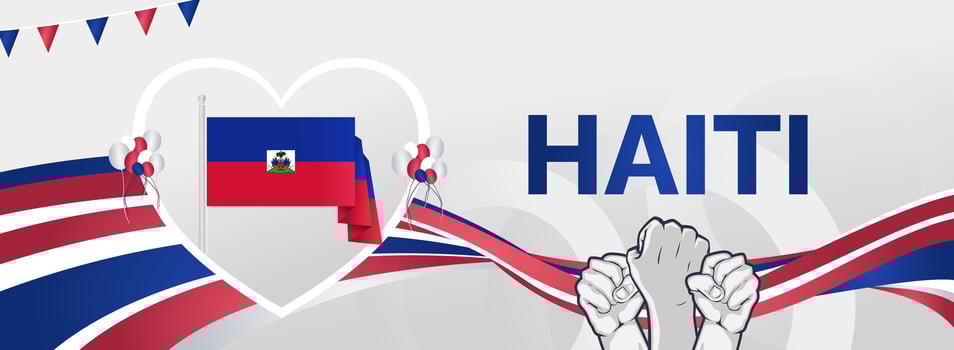 Happy Haiti National Day with passion and love. Wide banner for greeting cards or web headers, with the country's flag and raised hands vector