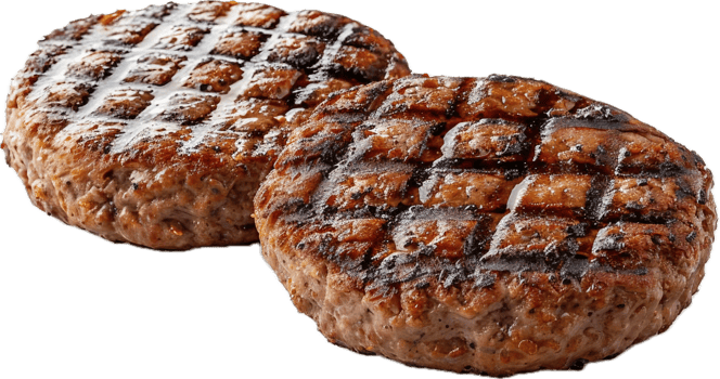 Juicy grilled hamburger patties with char marks. png