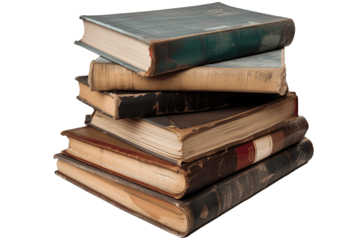 A collection of well-worn vintage books stacked neatly on a surface, showcasing intricate bindings and varied colors in a cozy reading corner png