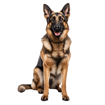 A full-bodied German Shepherd dog stands alert with perked ears, captured in a clear image on a transparent background, showcasing its muscular build and focused gaze. png