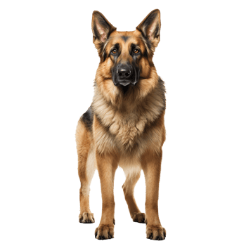 German shepherd dog, full body displayed, stands alert on a transparent background, showcasing its well-proportioned muscular frame. png