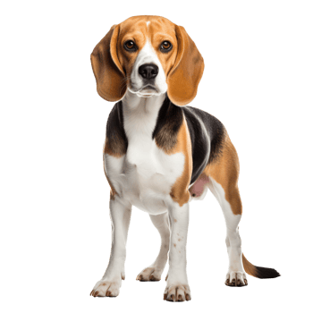 A beagle dog stands in full profile with its tri-colored coat, floppy ears, and wagging tail, all on a transparent background for easy overlay. png