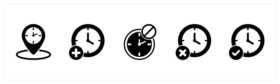 A set of 5 business icons as time location, add time, clock prohibited vector