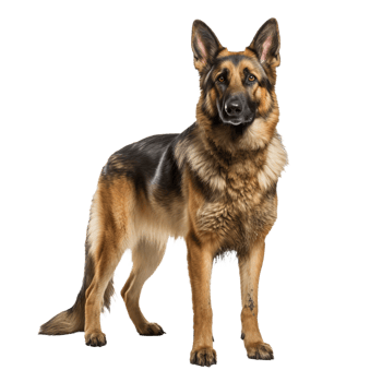 A full-body illustration of a German Shepherd dog, standing alert and depicted in a lifelike stance, on a transparent background for versatile use. png