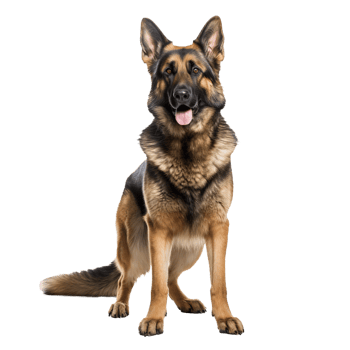 A full-body depiction of a German Shepherd dog, standing alert and poised, presented on a clean, transparent background for versatile use. png