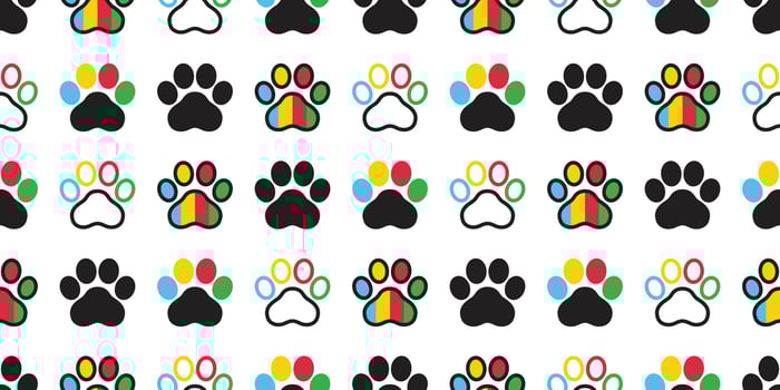 dog footprint seamless pattern paw cat rasta rainbow pet puppy breed cartoon doodle repeat wallpaper tile background illustration design isolated vector