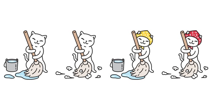 cat icon broom cleaning kitten calico pet logo breed symbol character cartoon doodle design animal illustration vector