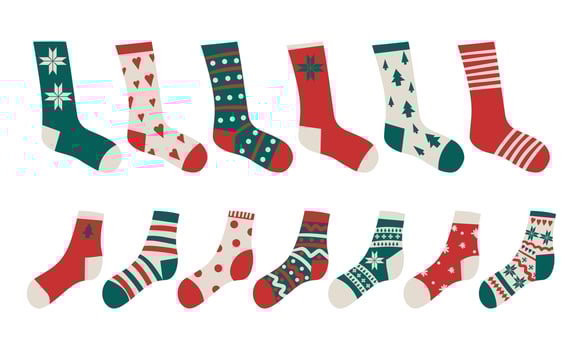 Flat design colorful socks set illustration. Christmas winter socks set red, white and red color for winter and Christmas design . vector