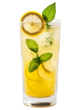 Indian Nimbu Pani in tall glass garnished with slice of lemon and sprig of green png