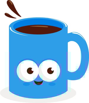 Cartoon hot cup of coffee or cocoa drink for morning kids breakfast in blue mug. Black coffee character. Fresh brewed hot drink, espresso cafe. vector