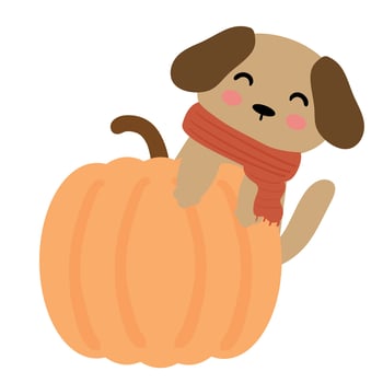 Hand drawn cartoon brown dog with dark red scarf and pumpkin. cute animal drawings, doodles for autumn mood vector