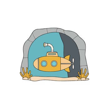 Submarine in an underwater cave doodle illustration vector