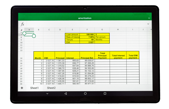 Shot of an excel sheet on tablet screen showing bank loan amortization table on the transparent background png