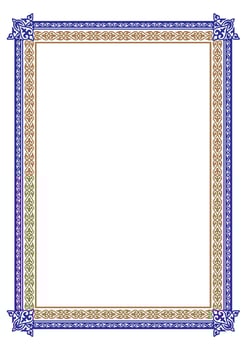 Golden blue rectangular Vertical Islamic Asian national ornament frame. A4 format. Islamic Asian pattern frame, ornament, border of Kazakh, Kyrgyz, Mongol,Uzbek,Tajik. Diplom, certificate, embroidery vector