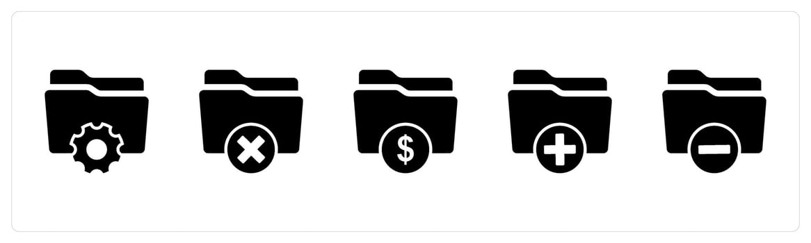 A set of 5 Document icons as folder setting, wrong folder, finance folder vector