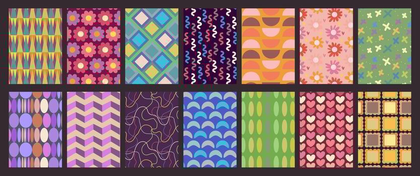 Abstract geometrical collection of simple patterns with retro colors. vector