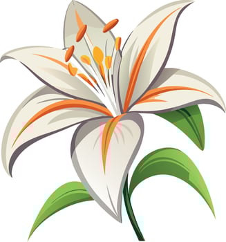 A white and orange flower with green leaves vector