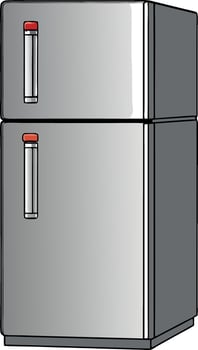 A silver refrigerator with red handles vector