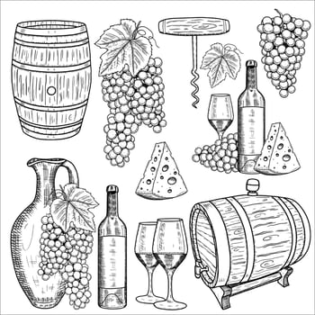 Set with a bottle of wine, glass, grapes, corkscrew, barrel, cheese. illustration vector