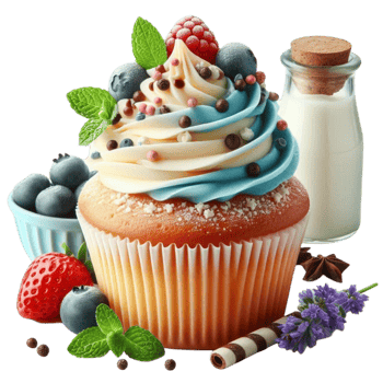 Colorful Cupcake with Blue Frosting and Various Fruit Toppings png