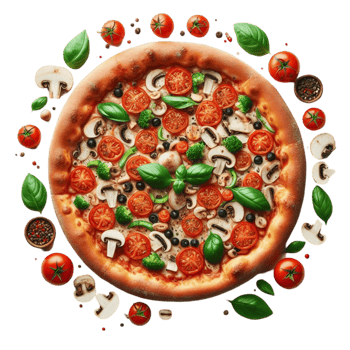Freshly Baked Pizza with Mushrooms, Olives, and Tomatoes png