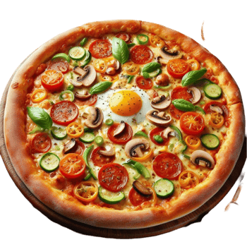 Pizza with a Variety of Toppings Including Tomatoes, Mushrooms, and Arugula png