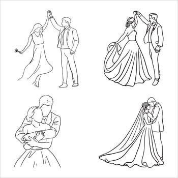 Set of Happy Love Couple wedding line art drawn. vector