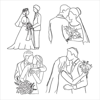 Happy Groom Bridge Wedding Line art illustration. vector