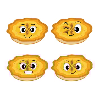 happy funny character pumpkin pie set collection, cake cartoon mascot with different expressions. food illustration vector