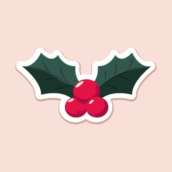 xmas isolated flat red mistletoe with green leaves on beige background. christmas simple flat art vector